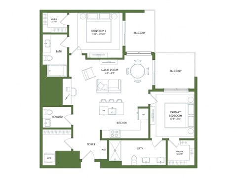Floor plan for 2 beds, 2.5 baths, 1130 sqft